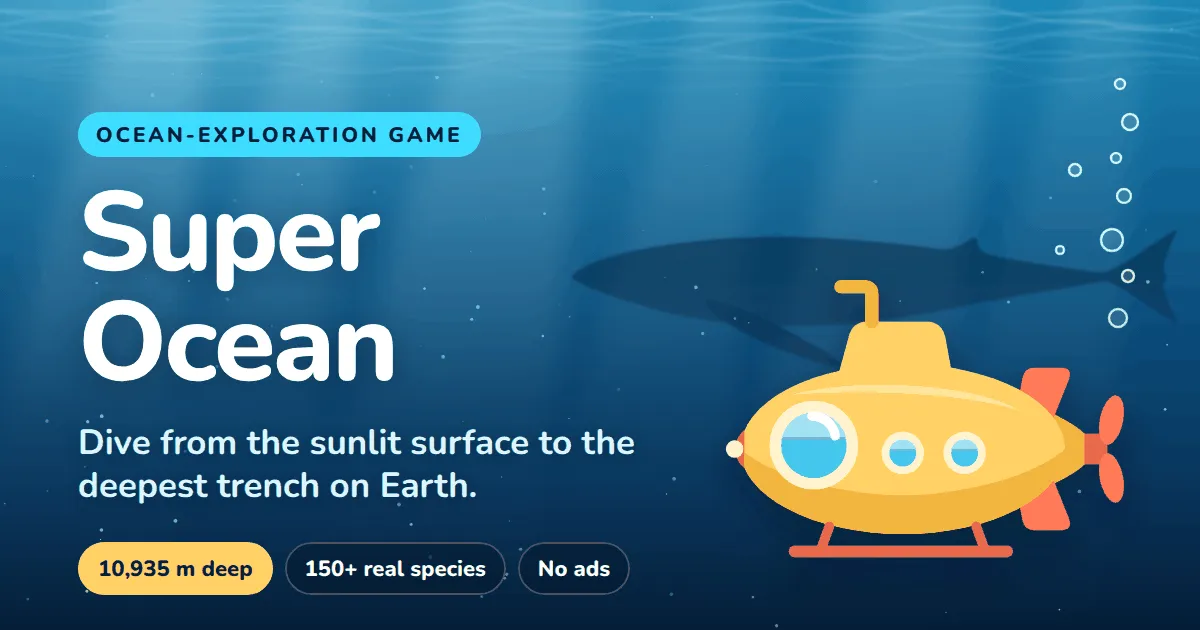 Super Ocean: a cute yellow research submarine and a whale in a sunlit blue ocean