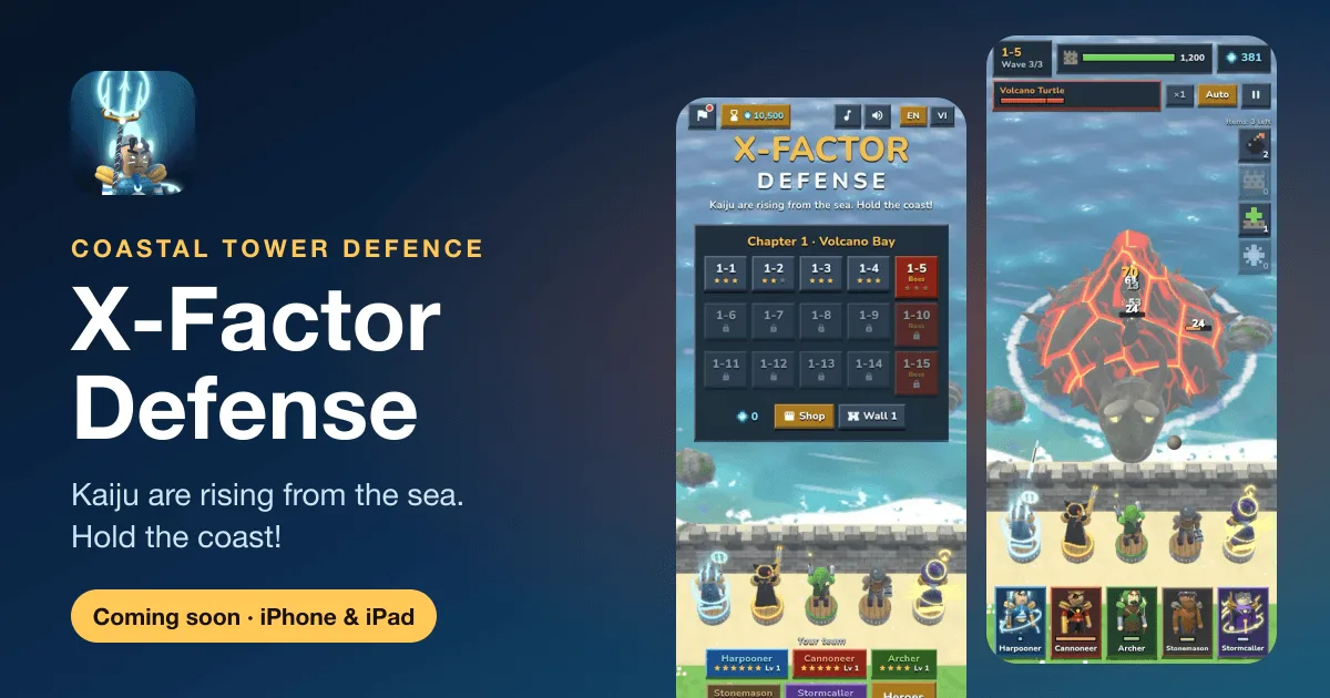 X-Factor Defense: the home screen and the Volcano Turtle boss fight